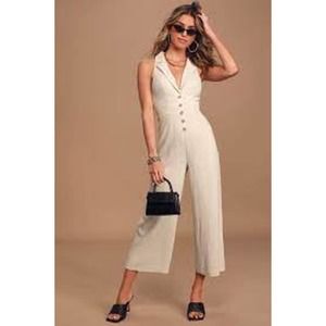 Lulu's On A Good Day Beige Button Front Linen Blend Culotte Jumpsuit